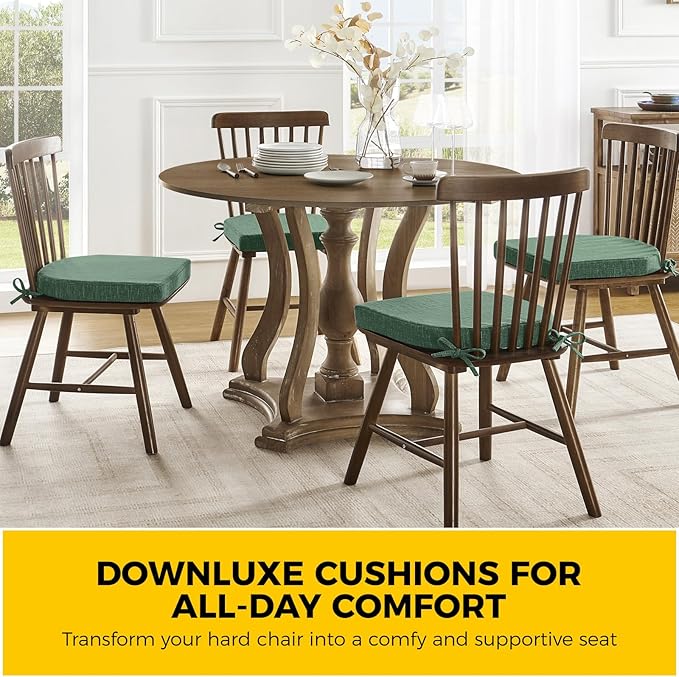 downluxe Indoor Chair Cushions for Dining Chairs, Soft and Comfortable Textured Foam Kitchen Chair Pads with Ties and Non-Slip Backing, 16" x 16" x 2", Dark Green, 6 Pack