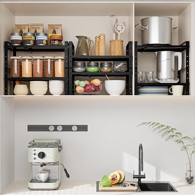 Expandable,Adjustable & Stackable Spice Rack, Cabinet Kitchen Countertop Shelf Organizer,Metal Pantry Storage Shelves - Space-Saving Storage Solution(2Packs/Black/Medium)