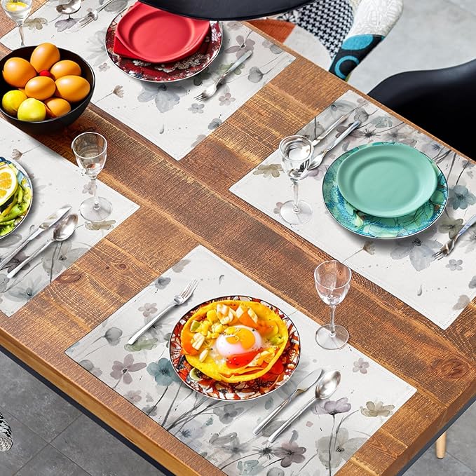 Flower Placemats Set of 4 Brown Cream Grey Poppy Flowers Table Mats Watercolor Rustic Vintage Floral Place Mat Farmhouse Linen Fabric Placemat for Party Kitchen Dining Outdoor Indoor Decor 12x18 Inch