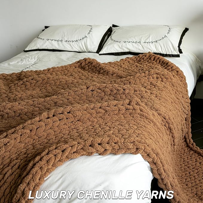 Chunky Knit Blanket - Luxury Soft Cozy Extra Large Size (80 * 90) Throw Blanket,100% Woven Blanket Rope Knot Throw Blanket for Couch, Sofa, Home Decor, Gift - Machine Washable（Brown）