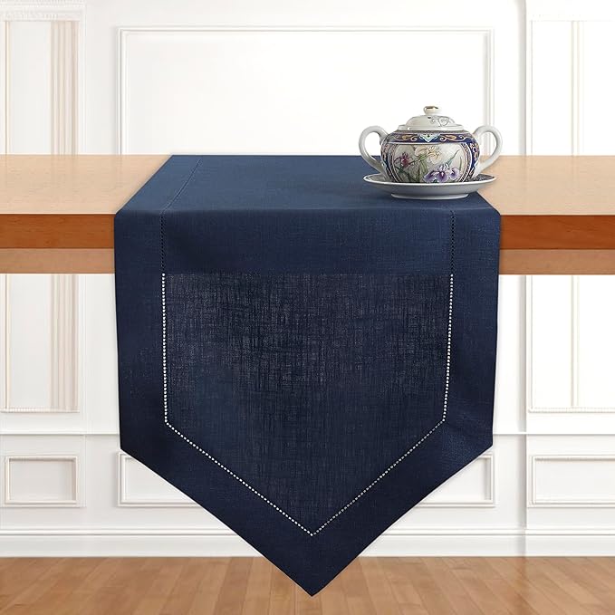 D'Moksha Homes Navy Blue Linen Table Runner 120 Inches Long - 100% Pure Linen Diamond Table Runner 14 x 120 Inch for Dining, Fall and Halloween - Machine Washable