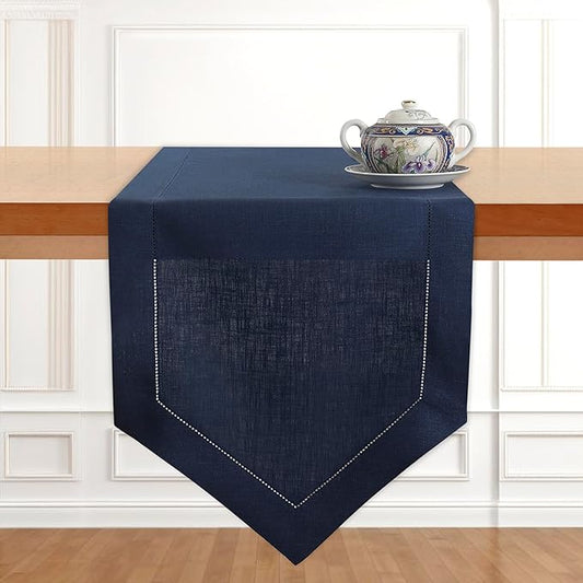 D'Moksha Homes Navy Blue Linen Table Runner 72 Inches Long - 100% Pure Linen Diamond Table Runner 14 x 72 Inch for Dining, Fall and Halloween - Machine Washable