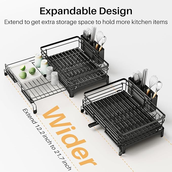Dish Drying Rack - Extendable Dish Rack, Large Sink Drying Dish Drainer for Kitchen Counter, Stainless Steel Dish Strainer with Utensil Holder (Black)