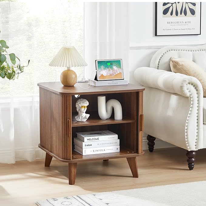 Farmhouse Square End Table with Charging Station, 24" Large Fluted Sofa Side Table with Sliding Tambour Door and Storage, Rustic Curved Wood Nightstand for Living Room, Bedroom, Walnut