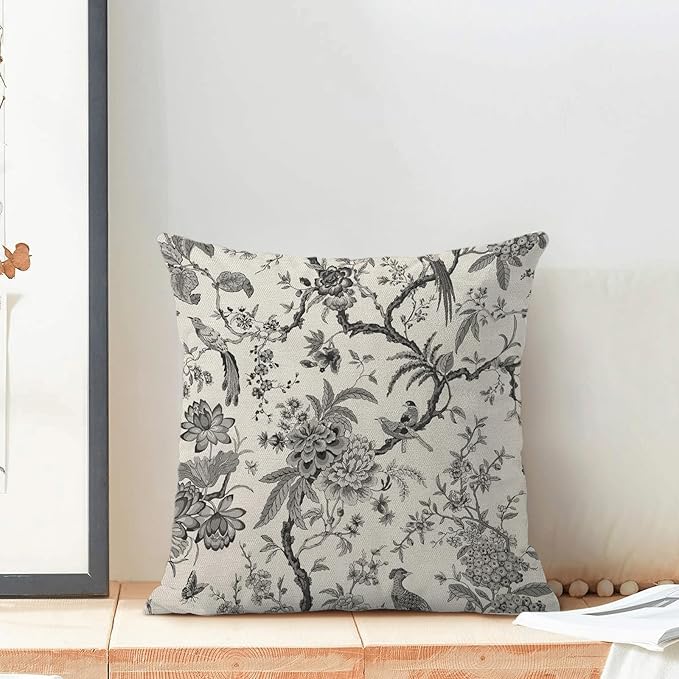 CXMEIFLY Spring Floral Birds Pillow Covers 16 x 16 Inch Set of 2 for Chinoiserie Flowers Decor Throw Pillows Black and White Plant Outdoor Decorative Cushion Cases for Couch Bed Decorations