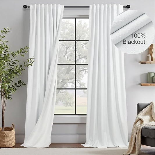Cute Blackout Curtains for Nursery Bedroom Aesthetic Modern Neutral White Black Out Curtain for Sliding Glass Doors 102 Inch Long 2 Panel Light Draft Blocking Heavy Duty Lined Linen Cottage Core Drape