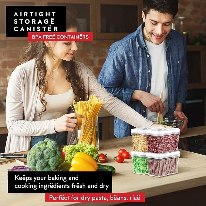 DWËLLZA KITCHEN Airtight Food Storage Containers - Pantry Snacks Kitchen Container, Baking Supplies, 4LB Sugar & Flour Canister - 4 Pc Set All Same Size - Clear Plastic BPA-Free - Keeps Fresh & Dry