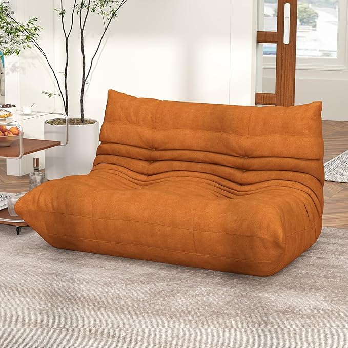 Full Foam Loveseat Sofa,Adults Bean Bag Chairs Floor Couch with Soft Waterproof Fabric,Armless Fireside Lounge Chair for Living Room,Apartment and Office (DarkOrange)
