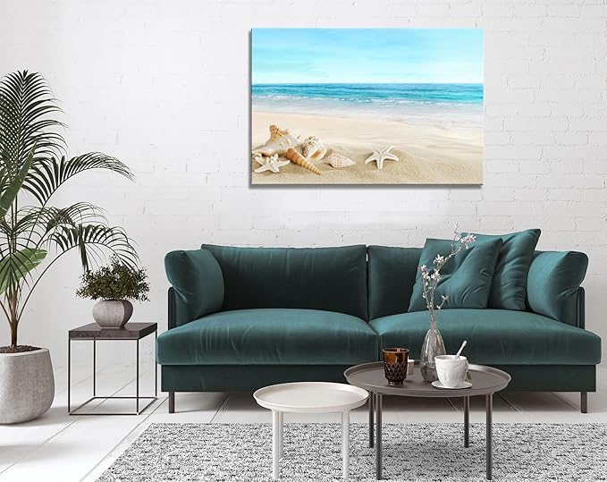 DZL Art S73981 Beach Picture Decor Ocean Painting Canvas Wall Art Prints of Starfish and Seashell on Sandy Seaside Ready to Hang for Living Room Bedroom Office Wall Decor Home Decoration