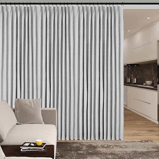 Full Blackout Privacy Curtains, 240 Inch Extra Wide Linen Blend Drapes, Pinch Pleat Window Drapery for Room Divider Storage/Space Room Separation, 1 Panel, W 240" x L 102", Silver Grey