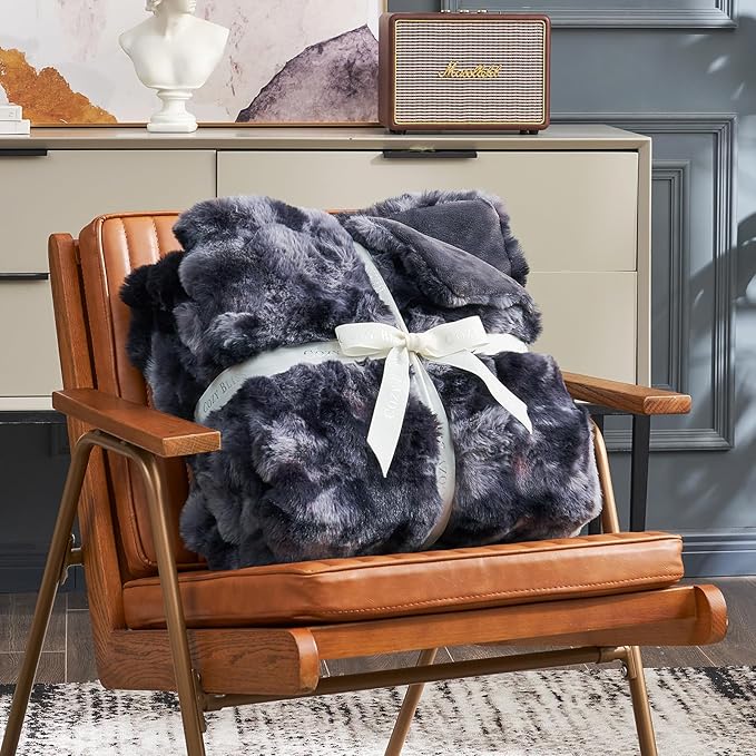 Cozy Bliss Faux Fur Throw Blanket for Couch, Fuzzy Soft Plush Thick Bubble Blanket for Sofa Bedroom Living Room, 90 * 90 Inches Tie Dye Black