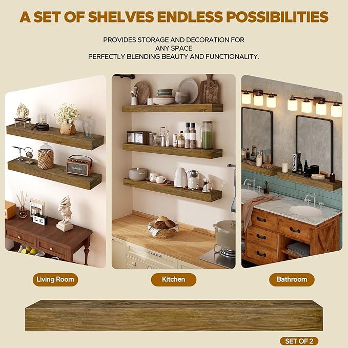 Floating Shelves 3 inch Thick for Wall Set of 2,Solid Pine Wood Wall Mount Shelf for Kitchen Living Room Bedroom Bathroom,8" D x 60" L x 3" H-Black Walnut