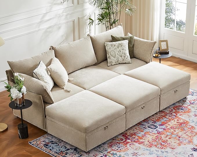 102.6" U Shaped Modular Sectional Sofa, 5 Seater Couch with Storage Ottoman Deep Seat and High Backrest with Removable Cover for Living Room, Apartment - Chenille Beige