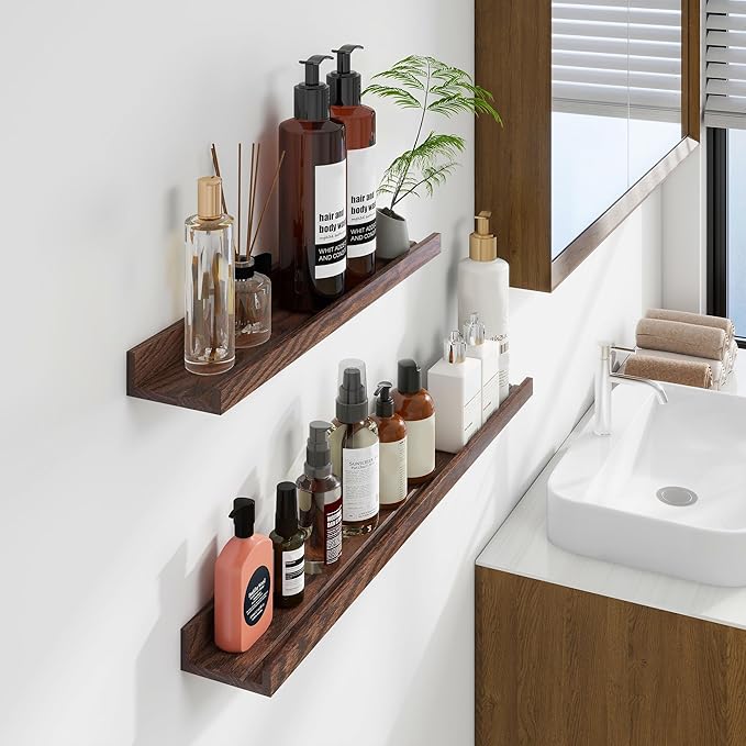 Floating Picture Ledge Shelves 55 Inch Solid Oak Wood Set of 2, Rustic Wall Storage Shelves with Lip, Kids Bookshelf, Photo & Picture Ledge Shelves for Bedroom, Living Room, Kitchen