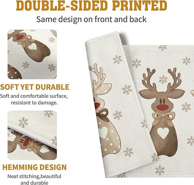Christmas Reindeer Snowflakes Placemats Set of 4 Xmas Cute Elk Deer Place Mats 12x18 Seasonal Winter Holiday Farmhouse Linen Table Mats for Party Kitchen Dining Outdoor Indoor Decor