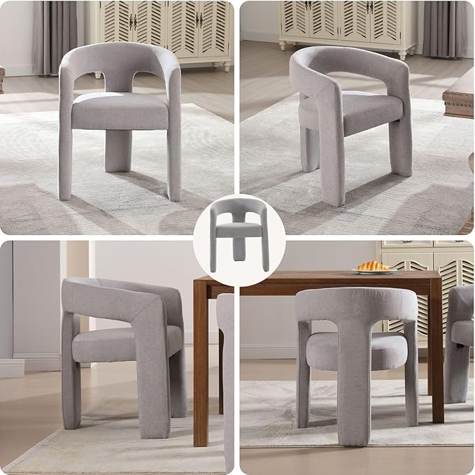 Grey Chenille Dining Chairs Set of 6, Modern Barrel Dining Room Chairs Upholstered Faux Fur Accent Chair with Arms and Round Back for Living Room Kitchen Armchair No Assembly Needed