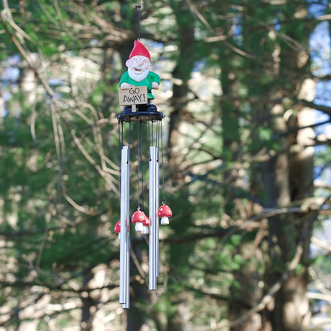 Funny Gnome Wind Chime for Garden or Porch – Peeved Garden Gnome Holding 'Go Away' Sign – Outdoor Yard Décor with Stainless Steel Tubes & Resin Mushroom Strikers – Hilarious Gift Idea