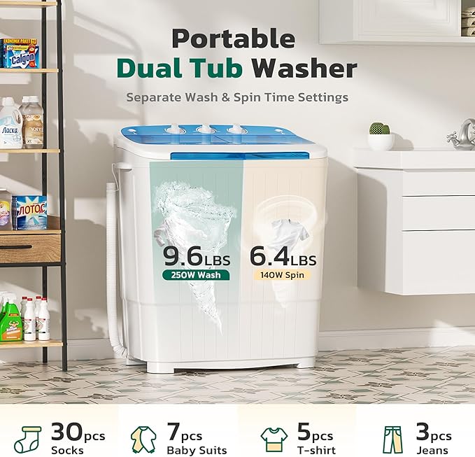 Greenvelly Portable Washing Machine, 16 Lbs Compact Mini Washer and Dryer Combo, Semi-automatic Twin Tub Washer with Drain Pump for Dorms, Apartments, RVs (Blue)