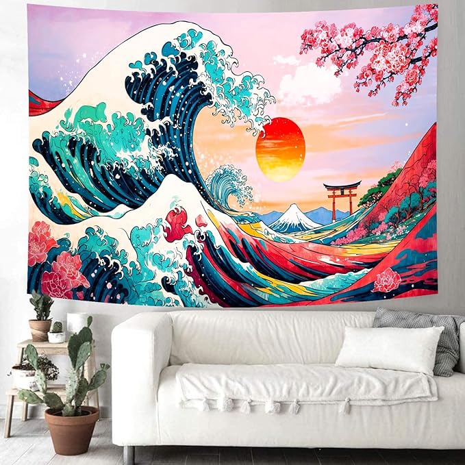 Delur Great Wave Tapestry Japanese Sunset Ocean Sea Wave Off Kanagawa Tapestry Wall Hanging Vintage Asian Anime Cherry Blossom Nature Headboard for Bedroom Living Room Home Decor (59.1" x 78.7")