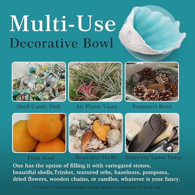 Extra Large Clam Shells Decorative Bowl-Turquoise Sea Shells Decorative Storage Bowls for Coastal Beach theme house table centerpiece decorations & Nautical decorations for coffee table -12.4"-1PC