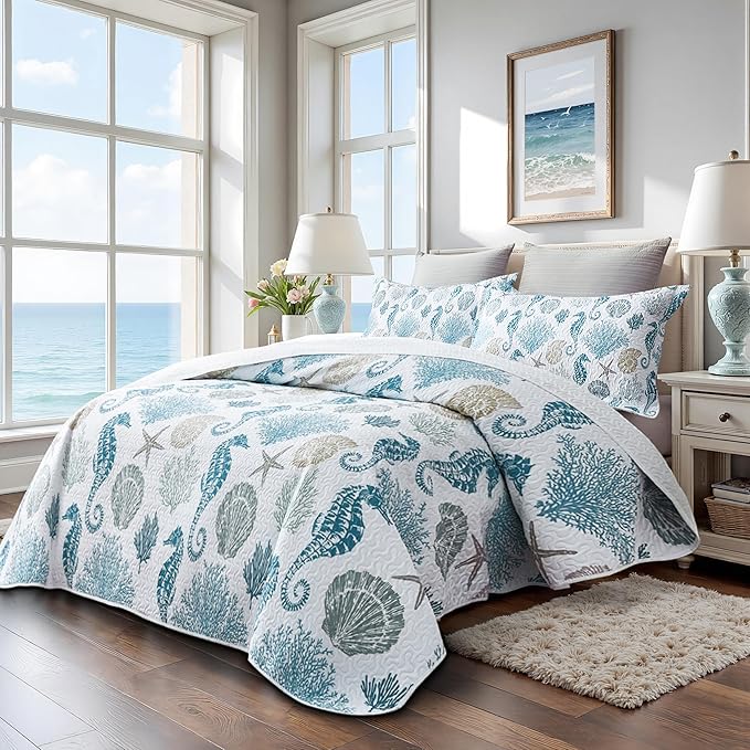 Coastal Bedding Queen Size Coastal Quilt with 2 Shams, Nautical Beach Comforter Sets Ocean Bedspreads Blue Seahorse Coverlet Summer Bedding, 90''x96''