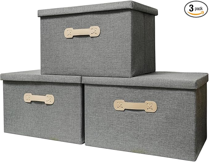 Enzk&Unity Decorative Storage Boxes with Lids, 3 Pack Grey Fabric Storage Bins with Handle, Foldbale and Stackable Storage Boxes for Shelf, Closet, Bedroom, Living Room