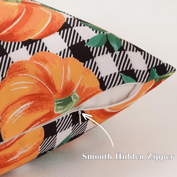 decorUhome Fall Orange Pumpkin Decorative Throw Pillow Covers 20x20 Set of 2, Buffalo Plaid Check Farmhouse Cushion Covers for Autumn Harvest Couch Sofa Bed Home Decor