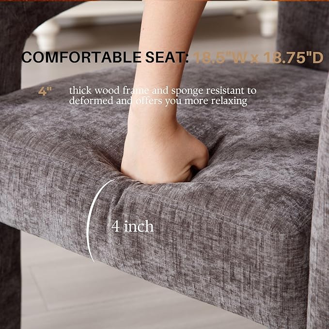 Charcoal Grey Chenille Dining Chairs Set of 2, Modern Barrel Dining Room Chairs Upholstered Accent Chair with Arms and Round Back for Living Room Kitchen Armchair No Assembly Needed