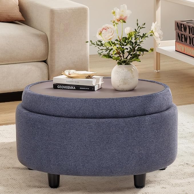COLAMY Fabric Round Storage Ottoman with Reversible Tray Lid – Multi-Functional Footrest, Hidden Storage, Sturdy & Stylish Small Coffee Table for Living Room, Bedroom, or Entryway(Blue)