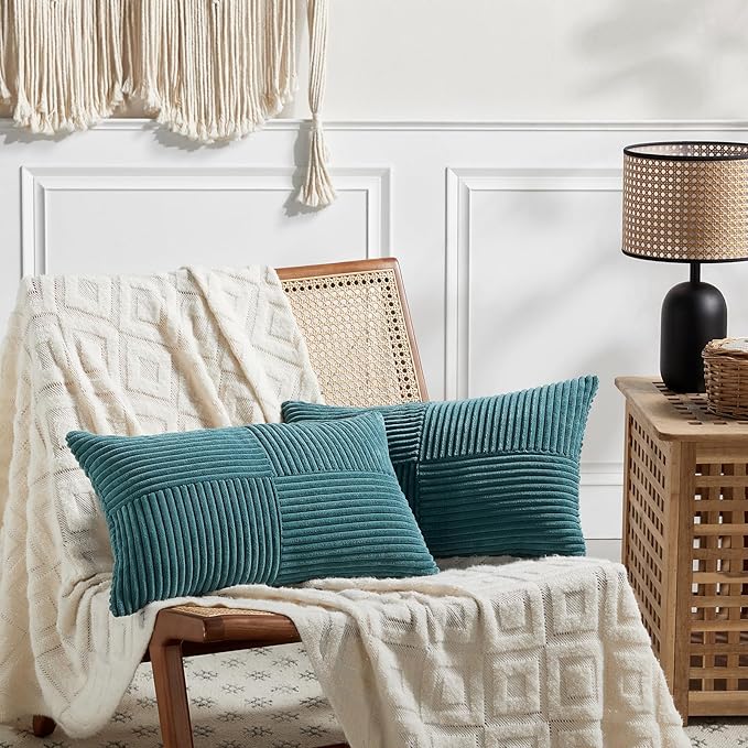 Fancy Homi 2 Packs Teal Lumbar Decorative Throw Pillow Covers 12x20 Inch for Living Room Couch Bed Sofa, Rustic Farmhouse Boho Home Decor, Soft Striped Corduroy Rectangle Accent Cushion Case 30x50 cm