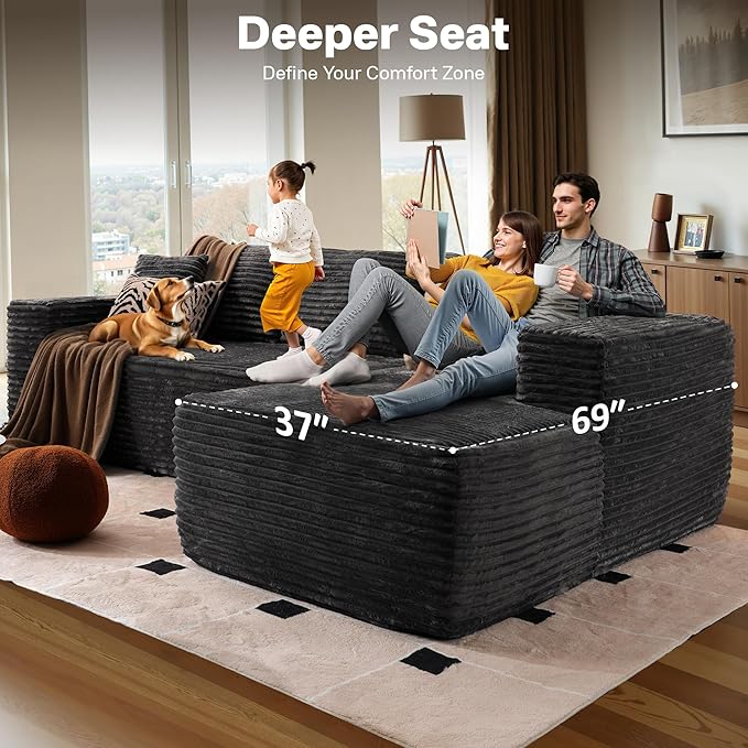 106" Cloud Sectional Couches for Living Room,Plush Corduroy Boneless Couch with Comfy Chaise,L Shaped Sofa in A Box No Assembly Require,Grey