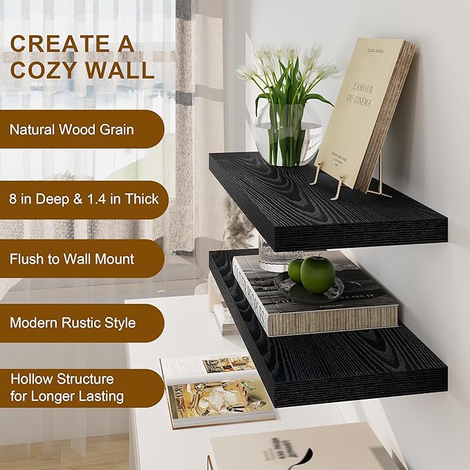 Fun Memories Rustic Black Floating Shelves 24 Inch Long, 8 Inch Deep Floating Shelf, 24 x 8 Wall Shelves Set of 2, Deep Black Bathroom Shelves, 24 Long Floating Bookshelf Wall Mounted