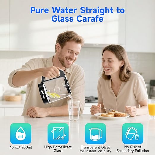 Ecoviva Countertop Reverse Osmosis Water Filter, 6 Stage RO Water Filtration System with Glass Carafe, TDS Displayr, 3:1 Pure to Drain, Portable No Installation Water Purifier White