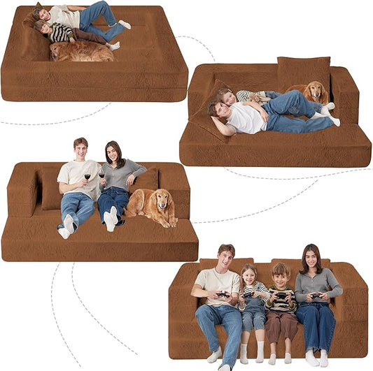 Folding Bean Bag Chair for Adults,3-in-1 Bean Bag Couch Faux Fur Floor Sofa Large Beanbag Convertible Bean Bag Sofa Bed with Pillow in Bedroom,Living Room,Apartment(Queen,Caramel)
