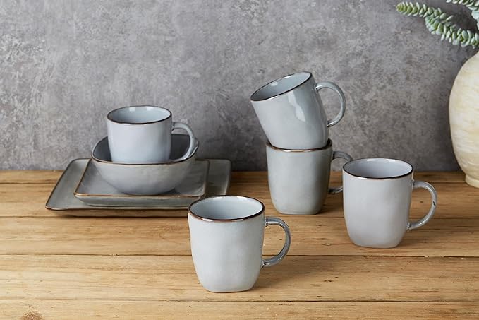 famiware Coffee Mugs Set of 4, Ocean Square 13oz Coffee Cup Set with Handle for Cocoa, Milk, Hot Chocolate, Tea, Water, Stoneware Cups for Kitchen, Microwave and Dishwasher Safe, Grey