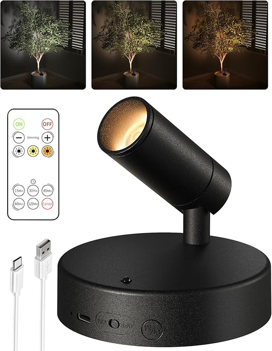 EZVALO Wireless LED Spotlights Indoor, 5500mAh Rechargeable Battery Powered Plants Spotlights Indoor, Dimmable & Timer, 3 CCT Small Up Lights with Remote, Accent Uplighting for Artwork,Tree(Black)