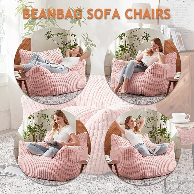 Giant Bean Bag Chairs for Adults with Filling Plush Fluffy Bean Bag Chairs for Teens with Armrests Comfy BeanBag Lazy Couch Sofa Chair for Bedroom Living Room Reading
