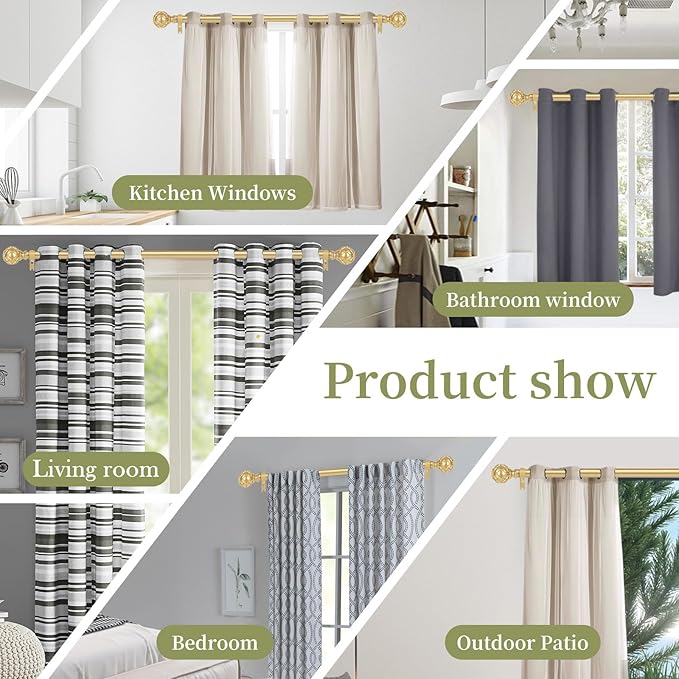 Gold Adjustable Curtain Rods for Windows:Farmhouse Heavy Duty Curtain Rod for Bedroom Living Room,Boho Decorative Rustic Drapery Rod with Vintage Coastal Texture Finial,Brass Gold 2Pack 18-45"