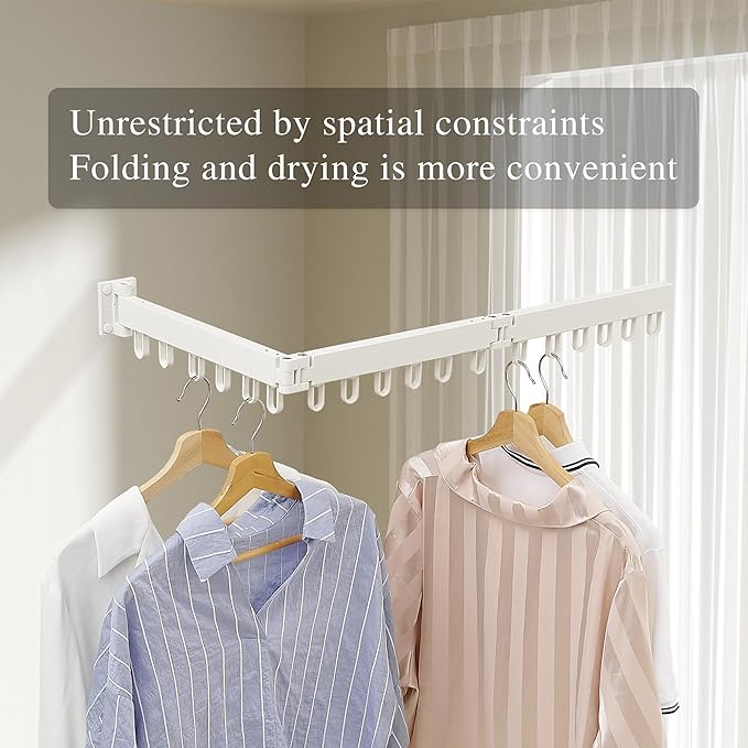 Clothes Drying Rack Wall Mounted, Laundry Drying Rack Collapsible, Space Saving Wall Drying Rack Clothing Foldable, Tri-Fold Retractable Rack Outdoor Indoor with 18 Hooks(White，Loop-Shape Hooks)