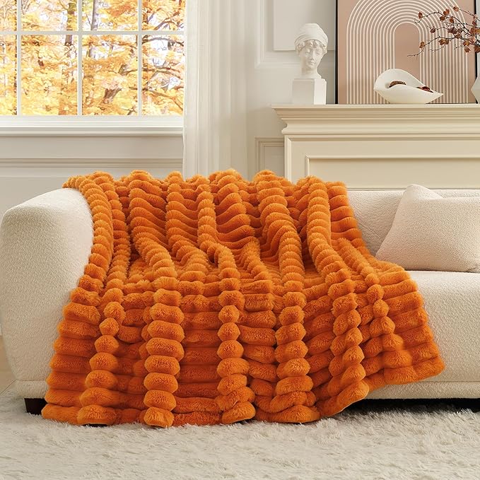 Cozy Bliss Fall Harvest Faux Fur Throw Blanket for Couch, Cozy Warm Plush Striped Blanket for for Decorating Couch Sofa Bedroom Living Room,50 * 60 Inches Burnt Orange