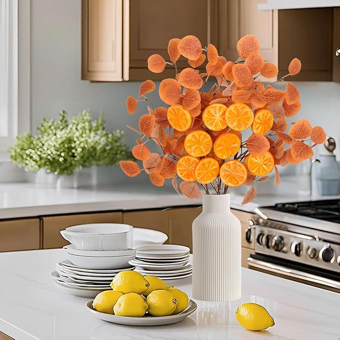 Eucalyptus Stems, 4PCS Artificial Lemon Stems Faux Citrus Branches Plastic Decor for Kitchen, Table Centerpieces, Entryway, Thanksgiving Wedding Party (Orange)