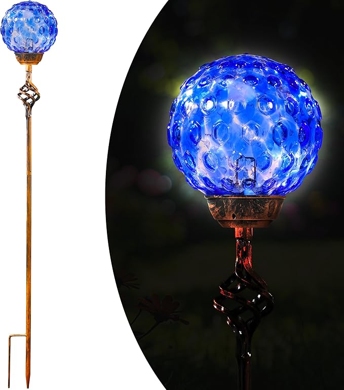 Garden Solar Lights, Decorative LED Honeycomb Glass Ball Garden Stake, Glass and Metal Outdoor Decoration, 4 x 31 Inch (Dark Blue)