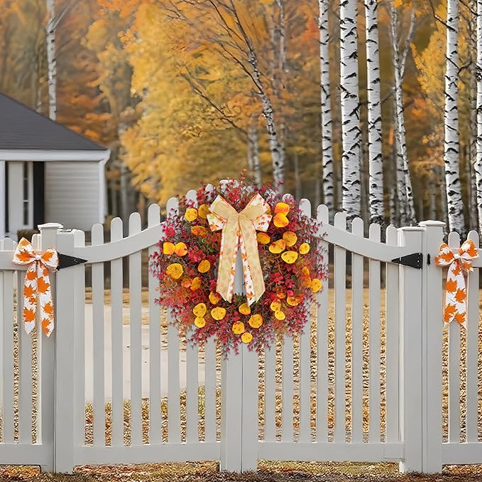 CYANBLOOM Fall Front Door Wreath: 24 Inch Large Burgundy Boxwood Eucalyptus Wreaths with Maple Bow for Rustic Farmhouse Decor - Weatherproof Outdoor Indoor All Season - Thanksgiving Halloween Decor