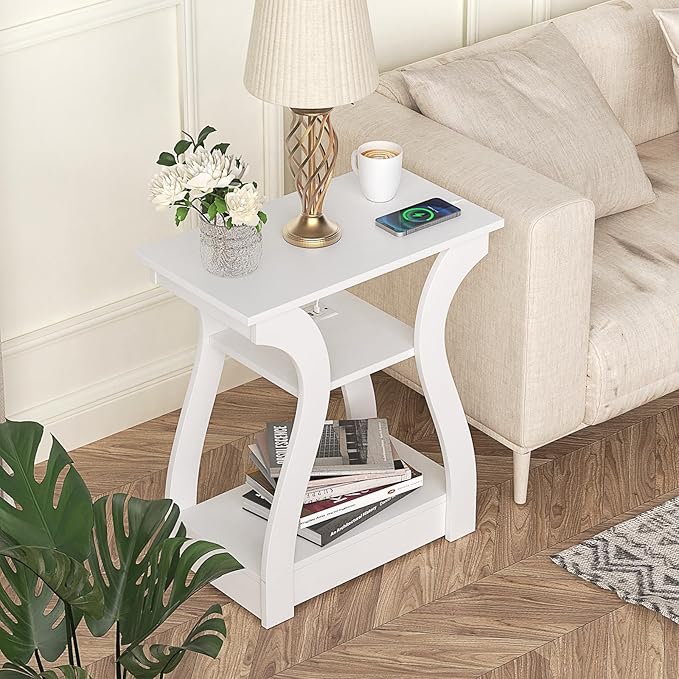 End Tables Living Room Set of 2,End White Table with Charging Station, Side Table, Nightstand for Bedroom, 3 Tier End Table with Storage Shelf for Living Room White
