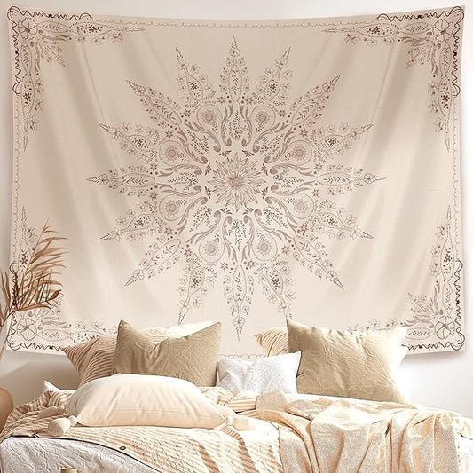Damanse Floral Tapestry Wall Hanging Cute,Boho Wall Tapestry for Bedroom Aesthetic,Mandala Living Room Decor for Teen Girls (Flaxen, 49.20" x 59.10")