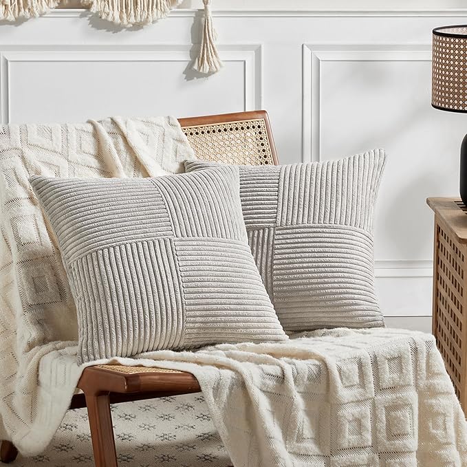 Fancy Homi 2 Packs Neutral Grey Decorative Throw Pillow Covers 20x20 Inch for Living Room Couch Bed Sofa, Farmhouse Boho Home Decor, Soft Corss Corduroy Patchwork Accent Square Cushion Case 50x50 cm