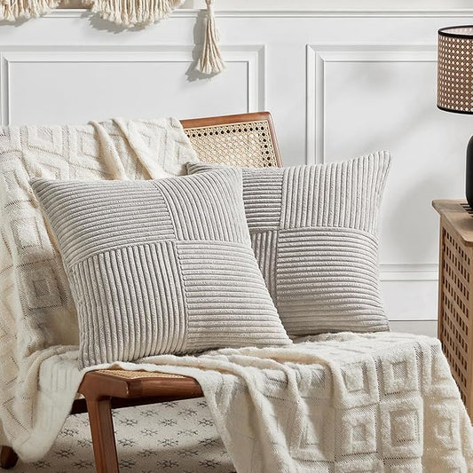 Fancy Homi 2 Packs Neutral Grey Euro Decorative Throw Pillow Covers 28x28 Inch for Couch Bed Sofa, Rustic Farmhouse Boho Home Decor, Soft Corss Corduroy Patchwork Textured Square Cushion Case 71x71 cm