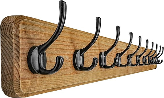 Dseap Coat Rack Wall: 38-1/4" Long, Patented, Heavy-Duty, 10-Double-Hooks Wooden Wall Mounted Coat Rack Coat Hanger Hook Rail for Winter Coats Hat Jacket Clothing, Weathered Brown