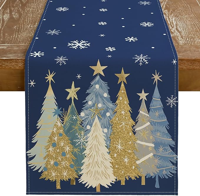 GEEORY Christmas Table Runner 13x60 Inch, Xmas Trees Snowflakes Holiday Decorative Farmhouse Table Decoration for Kitchen Dinning, Indoor Outdoor Dinner Party Decor (Blue) GT151-60
