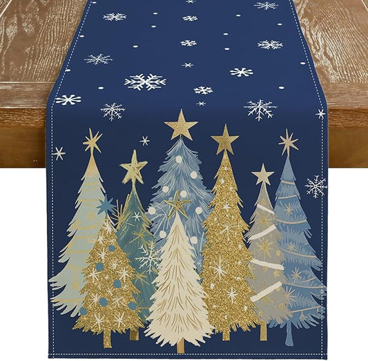 GEEORY Christmas Table Runner 13x108 Inch, Xmas Trees Snowflakes Holiday Decorative Farmhouse Table Decoration for Kitchen Dinning, Indoor Outdoor Dinner Party Decor (Blue) GT151-108